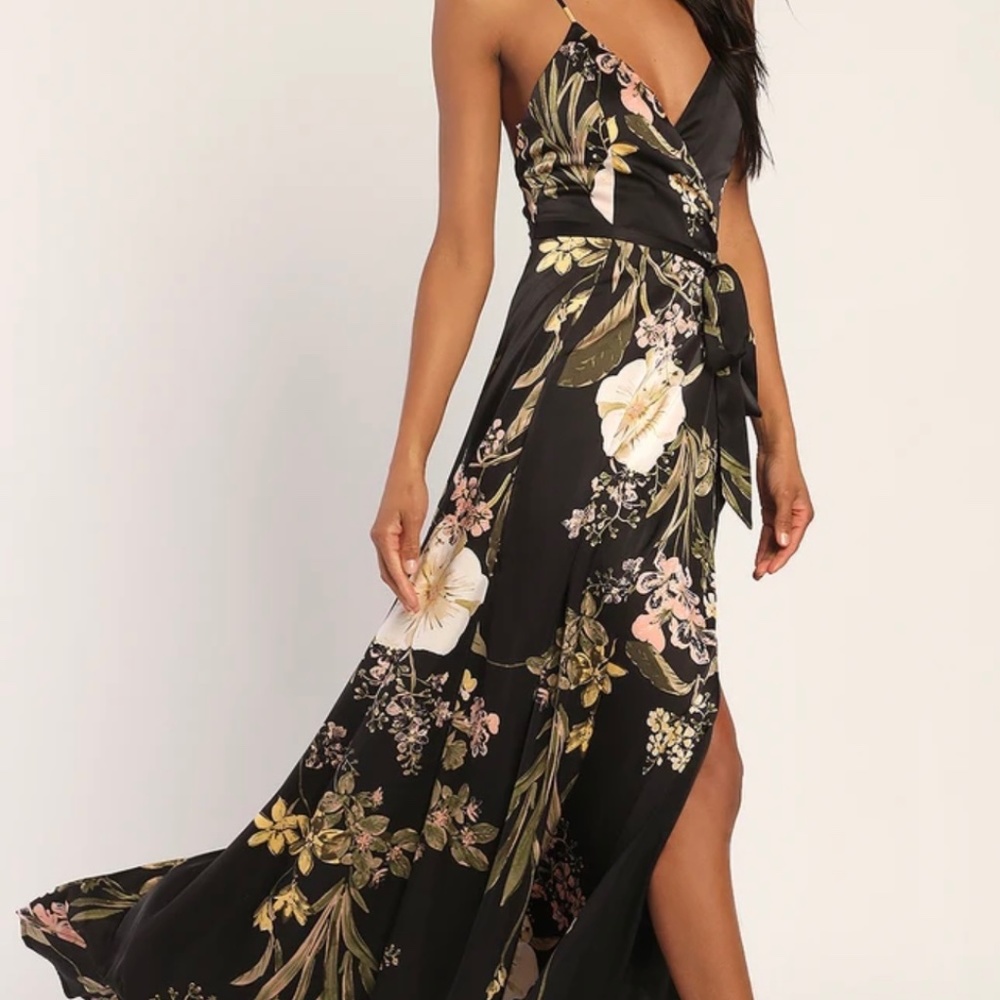 Black floral satin dress